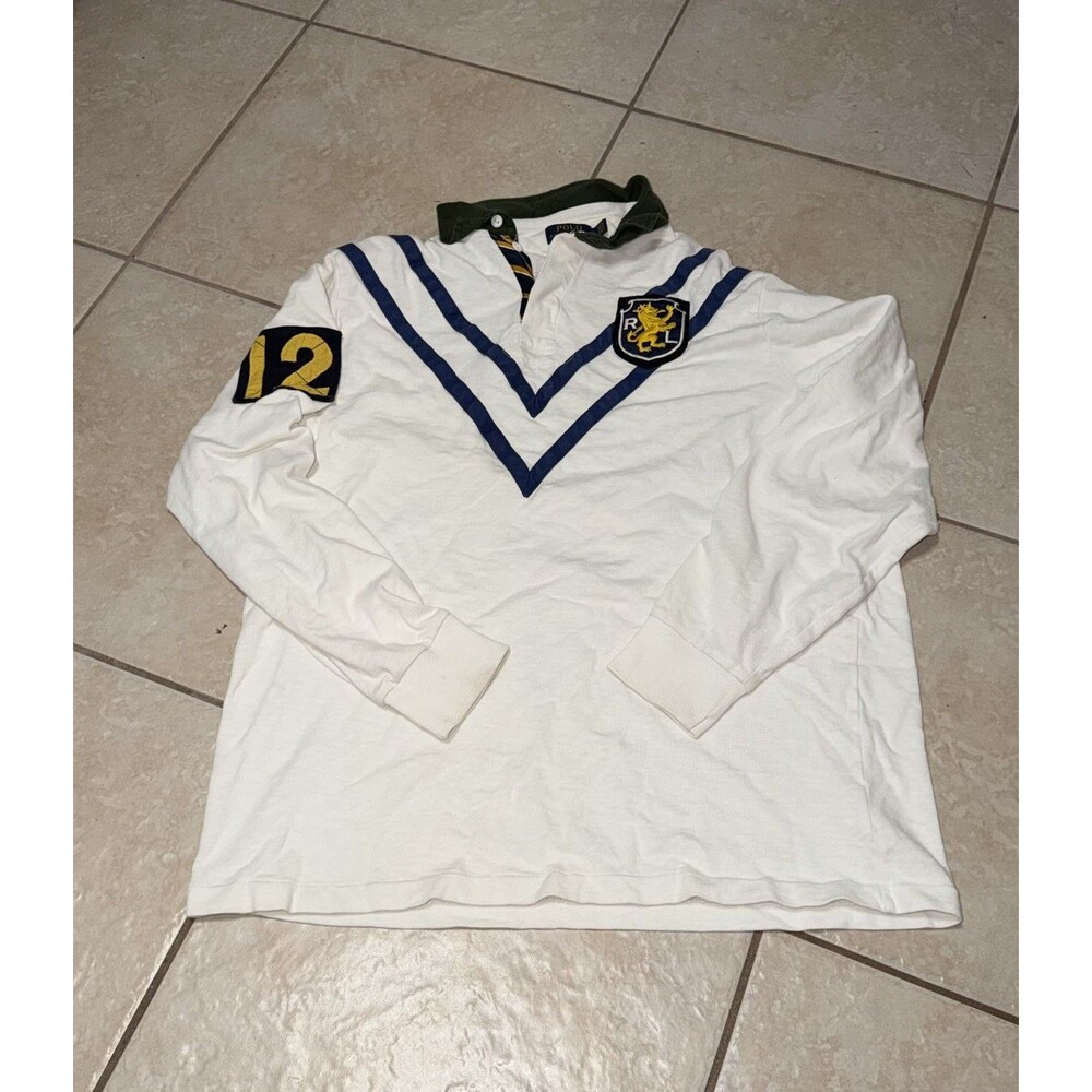 POLO RALPH LAUREN Men's Classic Fit Chevron Lion Crest Patch Rugby Shirt, WHITE